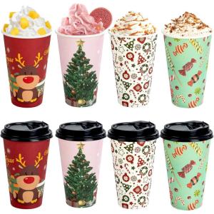 imageNervure 100 Pack Christmas Coffee Cups  16oz Christmas Disposable Paper Cups with Black Lids  4 Designs To Go Xmas Cups for Hot Chocolate Hot Cocoa Xmas Holiday Dinner Party