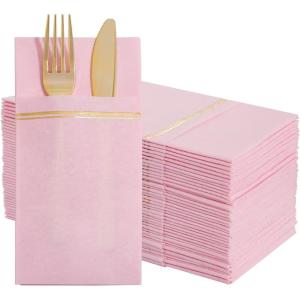 imageNervure 100PCS Black Paper Napkins with Builtin Flatware Pocket  Black and Gold Prefolded Cloth Like Disposable Napkins  HeavyDuty LinenFeel Dinner Napkins for Party ampamp Halloween ampamp Fathers DayPink