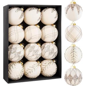 imageNervure 12PCS Velvet Christmas Ornaments  Beige Glitter Balls  80mm Gift Box for Christmas Parties DecorationsBeige