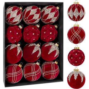 imageNervure 12PCS Velvet Christmas Ornaments  Beige Glitter Balls  80mm Gift Box for Christmas Parties DecorationsBurgundy Red