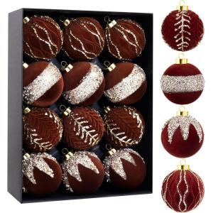 imageNervure 12PCS Velvet Christmas Ornaments  Beige Glitter Balls  80mm Gift Box for Christmas Parties DecorationsDark Red