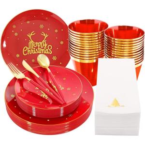 imageNervure 175PCS Christmas Plastic Plates  White and Gold Disposable Plates ampamp Gold Plastic Silverware with White Handle include 50 Plates 25Knives 25Forks 25Spoons 25Napkins for Christmas PartyRed