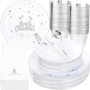 imageNervure 175PCS Christmas Plastic Plates  White and Gold Disposable Plates ampamp Gold Plastic Silverware with White Handle include 50 Plates 25Knives 25Forks 25Spoons 25Napkins for Christmas PartySilver
