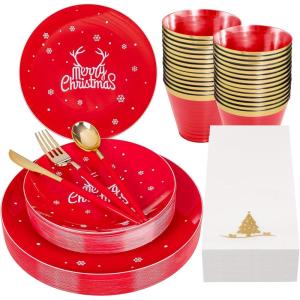 imageNervure 175PCS Christmas Plastic Plates  White and Gold Disposable Plates ampamp Gold Plastic Silverware with White Handle include 50 Plates 25Knives 25Forks 25Spoons 25Napkins for Christmas PartyRedWhite