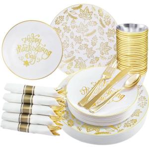 imageNervure 175PCS Thanksgiving Plastic Plates ampamp Pre Rolled Napkins Gold Plastic Cutlery Include 25Dinner Plate 25Dessert Plate 25Cups 25Knives 25Forks 25Spoons 25Napkins for ThanksgivingGold