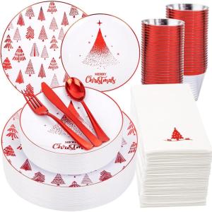 imageNervure 175PCS Thanksgiving Plastic Plates ampamp Pre Rolled Napkins Gold Plastic Cutlery Include 25Dinner Plate 25Dessert Plate 25Cups 25Knives 25Forks 25Spoons 25Napkins for ThanksgivingRed