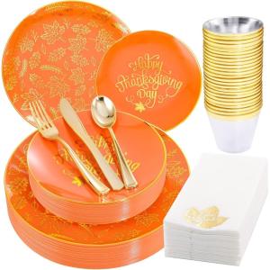 imageNervure 175PCS Thanksgiving Plastic Plates ampamp Pre Rolled Napkins Gold Plastic Cutlery Include 25Dinner Plate 25Dessert Plate 25Cups 25Knives 25Forks 25Spoons 25Napkins for ThanksgivingOrange