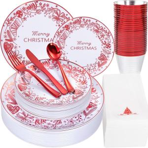 imageNervure 175Pcs Christmas Plates Disposable  Christmas Plastic Plates  Red Christmas Dinnerware Set for 25 Guests Include 50 Red Plates 75 Silverware 25Cups 25Napkins for Xmas Party