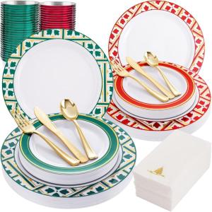 imageNervure 210PCS Plastic Dinnerware  30 Dinner Plates 30 Dessert Plates 30 Cups 30 Utensils Knives Forks Spoons 30 Christmas Napkins for Christmas