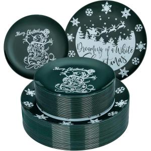 imageNervure 60 Pieces Christmas Plastic Plates  Green and White Plates with Snowflake and Snowman Including 30 1025 inch Dinner Plates and 30 75 inch Dessert Plates for Christmas Party