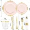 imageNervure 175PCS Ivory Plastic Plates  Ivory Gold Plastic Dinnerware Sets for 25 Guests  50 Ivory Disposable Plates 25 Pre Rolled Cutlery Set 25 Cups Perfect for Wedding Party ampamp ChristmasPink