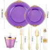 imageNervure 175PCS Ivory Plastic Plates  Ivory Gold Plastic Dinnerware Sets for 25 Guests  50 Ivory Disposable Plates 25 Pre Rolled Cutlery Set 25 Cups Perfect for Wedding Party ampamp ChristmasPurple