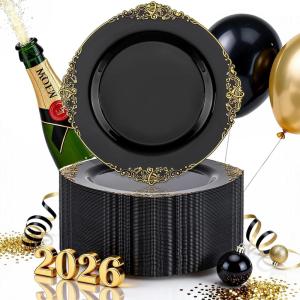 imageNervure 100PCS Green and Gold Plastic Plates  1025inch Green Disposable Plates  Heavyweight Dinner Plate for Wedding ampamp Party ampamp ChristmasBlack