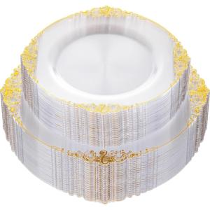 imageNervure 100PCS Green and Gold Plastic Plates  1025inch Green Disposable Plates  Heavyweight Dinner Plate for Wedding ampamp Party ampamp ChristmasClear Gold