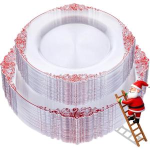 imageNervure 100PCS Green and Gold Plastic Plates  1025inch Green Disposable Plates  Heavyweight Dinner Plate for Wedding ampamp Party ampamp ChristmasClear Red