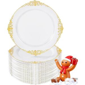 imageNervure 100PCS Green and Gold Plastic Plates  1025inch Green Disposable Plates  Heavyweight Dinner Plate for Wedding ampamp Party ampamp ChristmasGold