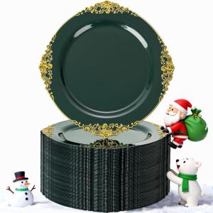 imageNervure 100PCS Green and Gold Plastic Plates  1025inch Green Disposable Plates  Heavyweight Dinner Plate for Wedding ampamp Party ampamp ChristmasGreen and Gold