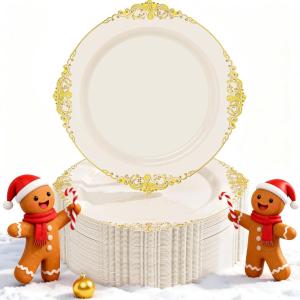 imageNervure 100PCS Green and Gold Plastic Plates  1025inch Green Disposable Plates  Heavyweight Dinner Plate for Wedding ampamp Party ampamp ChristmasIvory