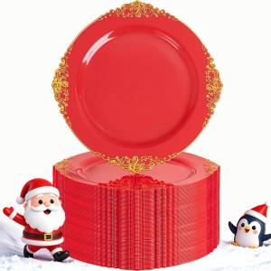 imageNervure 100PCS Green and Gold Plastic Plates  1025inch Green Disposable Plates  Heavyweight Dinner Plate for Wedding ampamp Party ampamp ChristmasRed