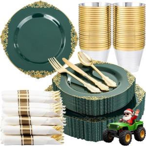 imageNervure 175PCS Ivory Plastic Plates  Ivory Gold Plastic Dinnerware Sets for 25 Guests  50 Ivory Disposable Plates 25 Pre Rolled Cutlery Set 25 Cups Perfect for Wedding Party ampamp ChristmasGreen