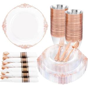 imageNervure 175PCS Ivory Plastic Plates  Ivory Gold Plastic Dinnerware Sets for 25 Guests  50 Ivory Disposable Plates 25 Pre Rolled Cutlery Set 25 Cups Perfect for Wedding Party ampamp ChristmasRose Gold