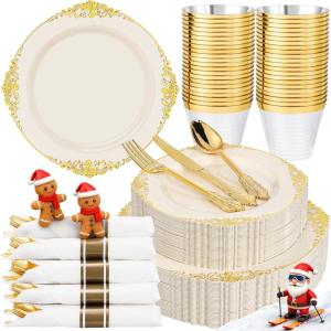 imageNervure 175PCS Ivory Plastic Plates  Ivory Gold Plastic Dinnerware Sets for 25 Guests  50 Ivory Disposable Plates 25 Pre Rolled Cutlery Set 25 Cups Perfect for Wedding Party ampamp ChristmasIvory