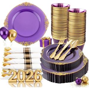 imageNervure 175PCS Ivory Plastic Plates  Ivory Gold Plastic Dinnerware Sets for 25 Guests  50 Ivory Disposable Plates 25 Pre Rolled Cutlery Set 25 Cups Perfect for Wedding Party ampamp ChristmasPurple