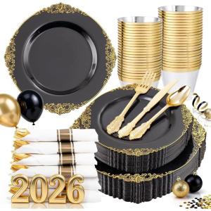 imageNervure 175PCS Ivory Plastic Plates  Ivory Gold Plastic Dinnerware Sets for 25 Guests  50 Ivory Disposable Plates 25 Pre Rolled Cutlery Set 25 Cups Perfect for Wedding Party ampamp ChristmasBlack