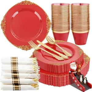 imageNervure 175PCS Ivory Plastic Plates  Ivory Gold Plastic Dinnerware Sets for 25 Guests  50 Ivory Disposable Plates 25 Pre Rolled Cutlery Set 25 Cups Perfect for Wedding Party ampamp ChristmasRed