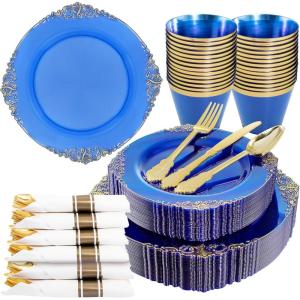 imageNervure 175PCS Ivory Plastic Plates  Ivory Gold Plastic Dinnerware Sets for 25 Guests  50 Ivory Disposable Plates 25 Pre Rolled Cutlery Set 25 Cups Perfect for Wedding Party ampamp ChristmasBlue