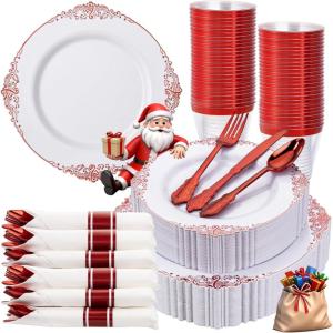 imageNervure 175PCS Ivory Plastic Plates  Ivory Gold Plastic Dinnerware Sets for 25 Guests  50 Ivory Disposable Plates 25 Pre Rolled Cutlery Set 25 Cups Perfect for Wedding Party ampamp ChristmasWhite Red