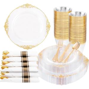 imageNervure 175PCS Ivory Plastic Plates  Ivory Gold Plastic Dinnerware Sets for 25 Guests  50 Ivory Disposable Plates 25 Pre Rolled Cutlery Set 25 Cups Perfect for Wedding Party ampamp ChristmasClear