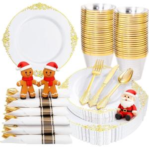 imageNervure 175PCS Ivory Plastic Plates  Ivory Gold Plastic Dinnerware Sets for 25 Guests  50 Ivory Disposable Plates 25 Pre Rolled Cutlery Set 25 Cups Perfect for Wedding Party ampamp ChristmasWhite