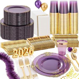 imageNervure 350Pcs Blue Plastic Plates  Blue Gold Plastic Dinnerware Sets for 50 Guests  100 Gold Disposable Plates 50 Pre Rolled Silverware 50 Cups Perfect for Wedding ampamp Party ampamp IndependencePurple