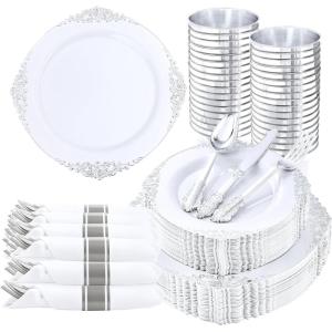imageNervure 350Pcs Blue Plastic Plates  Blue Gold Plastic Dinnerware Sets for 50 Guests  100 Gold Disposable Plates 50 Pre Rolled Silverware 50 Cups Perfect for Wedding ampamp Party ampamp IndependenceSilver