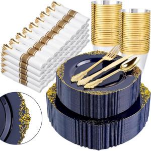 imageNervure 350Pcs Blue Plastic Plates  Blue Gold Plastic Dinnerware Sets for 50 Guests  100 Gold Disposable Plates 50 Pre Rolled Silverware 50 Cups Perfect for Wedding ampamp Party ampamp IndependenceBlue Gold