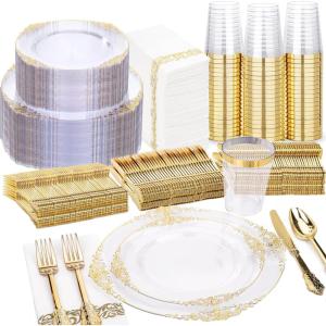 imageNervure 350Pcs Blue Plastic Plates  Blue Gold Plastic Dinnerware Sets for 50 Guests  100 Gold Disposable Plates 50 Pre Rolled Silverware 50 Cups Perfect for Wedding ampamp Party ampamp IndependenceClear Gold