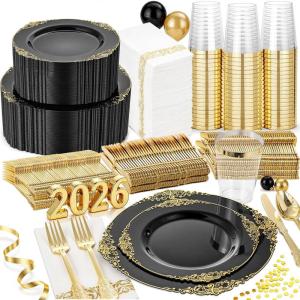 imageNervure 350Pcs Blue Plastic Plates  Blue Gold Plastic Dinnerware Sets for 50 Guests  100 Gold Disposable Plates 50 Pre Rolled Silverware 50 Cups Perfect for Wedding ampamp Party ampamp IndependenceBlack