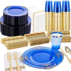 imageNervure 350Pcs Blue Plastic Plates  Blue Gold Plastic Dinnerware Sets for 50 Guests  100 Gold Disposable Plates 50 Pre Rolled Silverware 50 Cups Perfect for Wedding ampamp Party ampamp IndependenceBlue