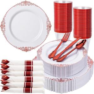 imageNervure 350Pcs Blue Plastic Plates  Blue Gold Plastic Dinnerware Sets for 50 Guests  100 Gold Disposable Plates 50 Pre Rolled Silverware 50 Cups Perfect for Wedding ampamp Party ampamp IndependenceWhite Red