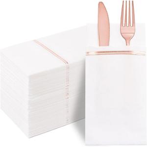 image:imageNervure 100PCS Black Paper Napkins with Builtin Flatware Pocket  Black and Gold Prefolded Cloth Like Disposable Napkins  Heavyduty LinenFeel Dinner Napkins for Party amp Halloween amp Fathers DayRose Gold