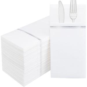 image:imageNervure 100PCS Black Paper Napkins with Builtin Flatware Pocket  Black and Gold Prefolded Cloth Like Disposable Napkins  Heavyduty LinenFeel Dinner Napkins for Party amp Halloween amp Fathers DaySilver