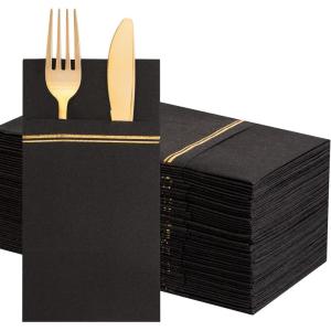 image:imageNervure 100PCS Black Paper Napkins with Builtin Flatware Pocket  Black and Gold Prefolded Cloth Like Disposable Napkins  Heavyduty LinenFeel Dinner Napkins for Party amp Halloween amp Fathers DayBlack
