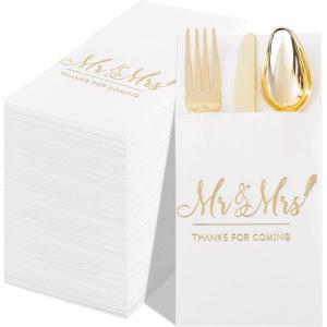 image:imageNervure 100PCS Black Paper Napkins with Builtin Flatware Pocket  Black and Gold Prefolded Cloth Like Disposable Napkins  Heavyduty LinenFeel Dinner Napkins for Party amp Halloween amp Fathers DayWhite