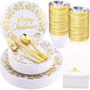 image:imageNervure 175PCS Pink Plastic Plates  Floral Pink Gold Disposable Plates Include 50Plates 25Forks 25Knives 25Spoons 25Cups 25Napkins Perfect for Wedding amp Party amp Easter amp Mothers DayWhite and Gold