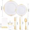 image:imageNervure 350PCS Purple Plastic Plates  Disposable Purple Gold Party Plates amp Pre Rolled Napkins with Cutlery for 50 Guests 100Plates 150 Silverware 50 Cups 50 Napkin for Wedding amp Party amp BridalGold