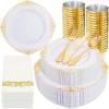 image:imageNervure 350PCS Purple Plastic Plates  Disposable Purple Gold Party Plates amp Pre Rolled Napkins with Cutlery for 50 Guests 100Plates 150 Silverware 50 Cups 50 Napkin for Wedding amp Party amp BridalGold