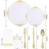 image:imageNervure 350PCS Purple Plastic Plates  Disposable Purple Gold Party Plates amp Pre Rolled Napkins with Cutlery for 50 Guests 100Plates 150 Silverware 50 Cups 50 Napkin for Wedding amp Party amp BridalGold
