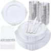 image:imageNervure 350PCS Purple Plastic Plates  Disposable Purple Gold Party Plates amp Pre Rolled Napkins with Cutlery for 50 Guests 100Plates 150 Silverware 50 Cups 50 Napkin for Wedding amp Party amp BridalWhite Silver