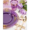 image:imageNervure 350PCS Purple Plastic Plates  Disposable Purple Gold Party Plates amp Pre Rolled Napkins with Cutlery for 50 Guests 100Plates 150 Silverware 50 Cups 50 Napkin for Wedding amp Party amp BridalTransparent Purple